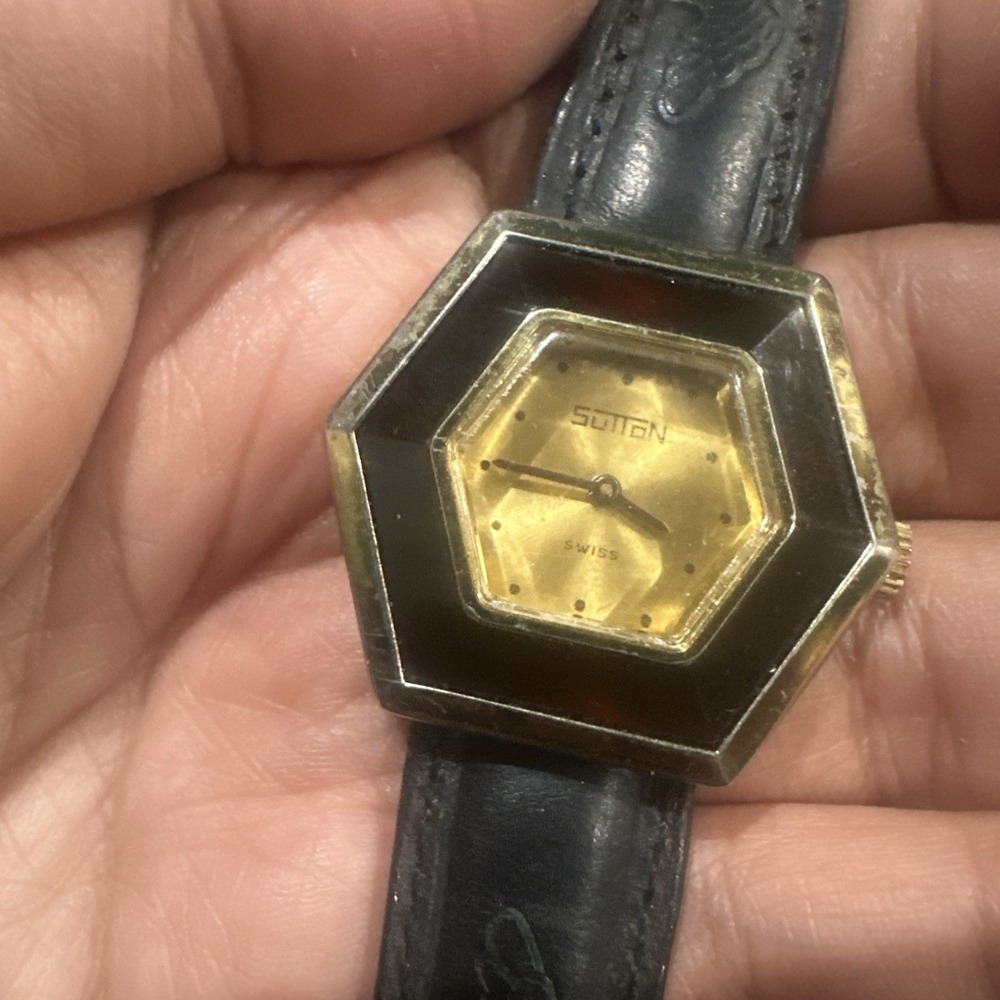 VTG Rare Sutton Swiss Hexagonal Manual Wind Ladies Watch 35mm Black Fits 7.75 - Picture 4 of 16